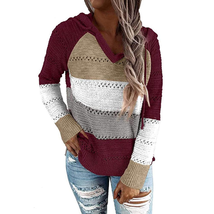 Hit Color Long Sleeve Hoodies Knitted Sweatshirts