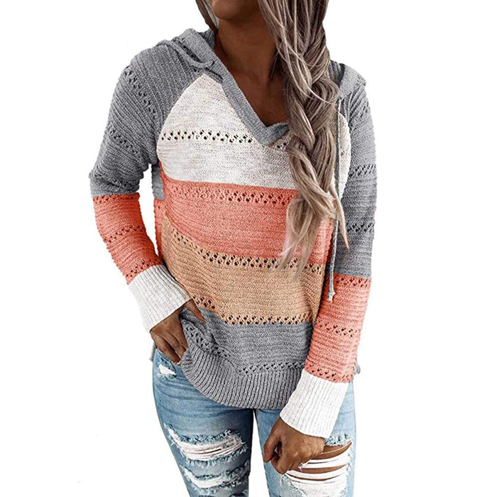 Hit Color Long Sleeve Hoodies Knitted Sweatshirts