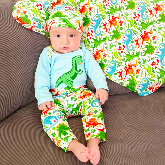 AnnLoren Baby Layette Boys Dinosaur Long Sleeve Onesie Pants Cap 3pc