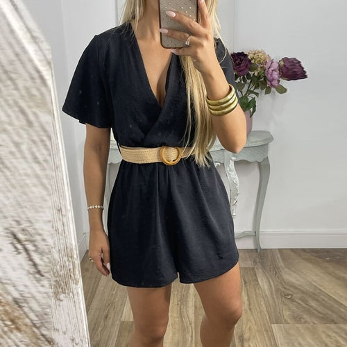 Solid Pockets Beach Shorts Jumpsuit